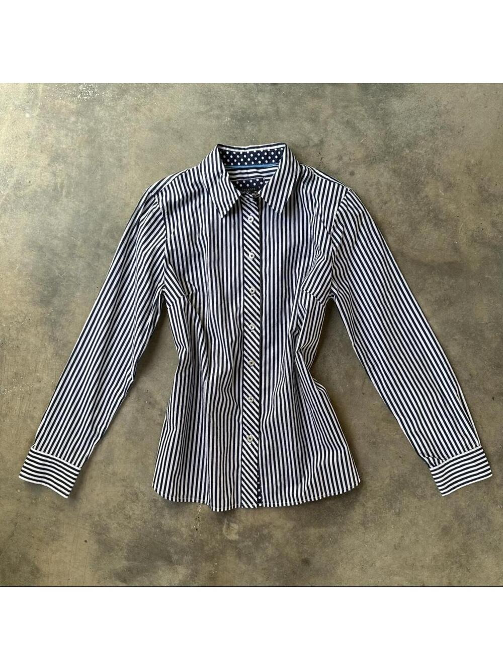 Talbots white & navy striped button-up blouse with polka dot lining